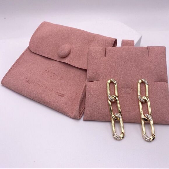 Brand New Gold Chain Link, Pave Detail Stud Dangle Earrings - Picture 8 of 8